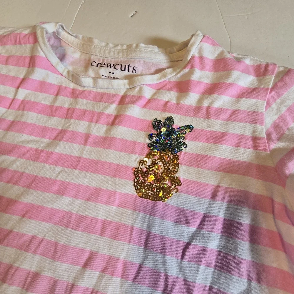J‎ Crew Crewcuts 100% Cotton Striped Top Girls M (8-9) Pink Beaded Pineapple